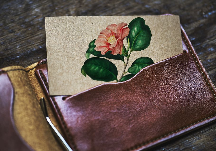 Brown Leather Card Wallet With Pink Petaled Flower Printed Card, HD wallpaper