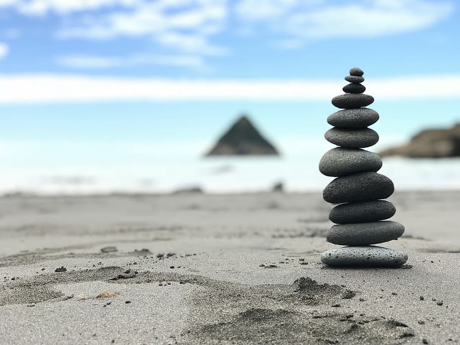 balance, stability, zen, nature, beach, land, sand, sea, stack, HD wallpaper