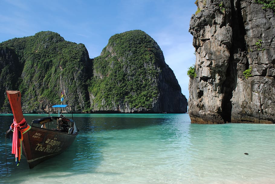 thailand, ko phi phi lee, ocean, long tail boat, sun, water, HD wallpaper