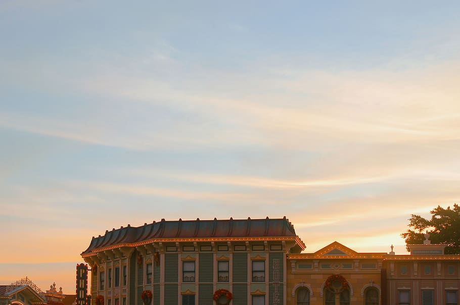 sunset, disneyland, lights, gradient, sky, main street, built structure HD wallpaper