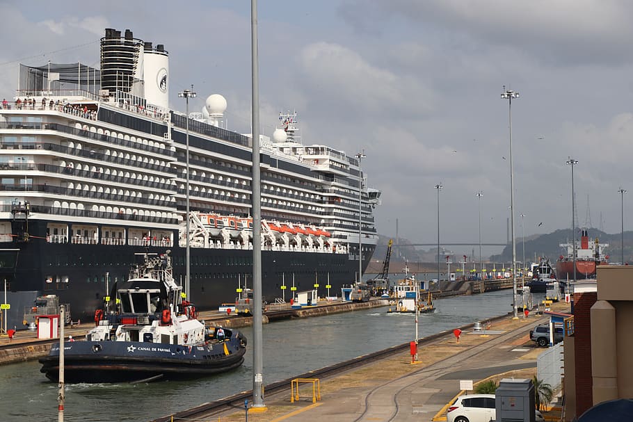 panama, panama canal, vessel, landscape, background, boat, ship, HD wallpaper