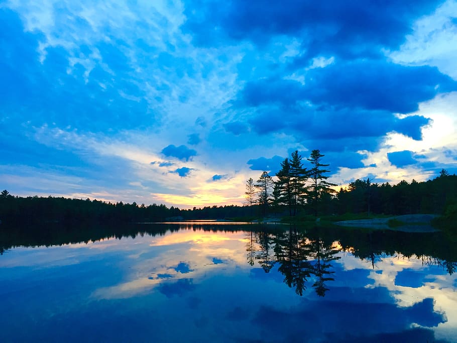 sunset, dusk, sky, clouds, landscape, nature, lake, water, trees HD wallpaper