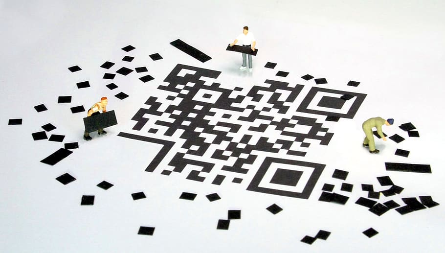 qr code, barcode, miniature figures, tiler, data storage, stone setter, HD wallpaper