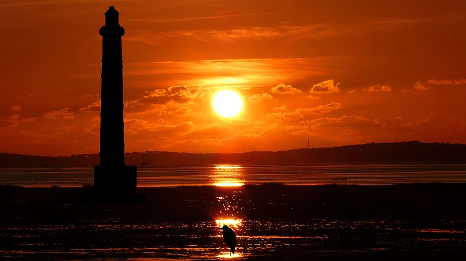 sunset, lighthouse, ocean, maree basse, landscape, sea, twilight HD wallpaper