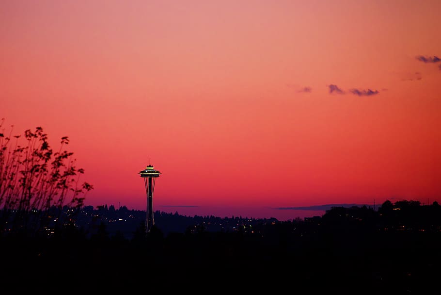 sunset, dark, pink, sky, trees, mountain, sea, light, pole HD wallpaper
