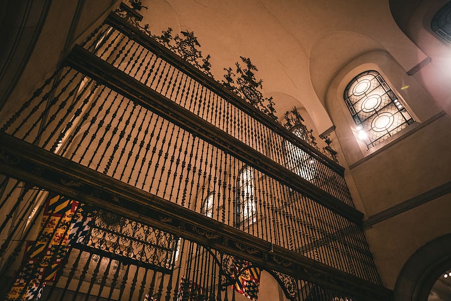 brown concrete building interior, handrail, banister, railing HD wallpaper