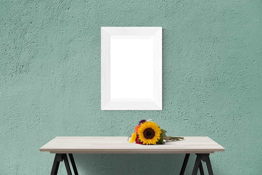 poster, frame, wall, sunflower, desk, wall - building feature HD wallpaper