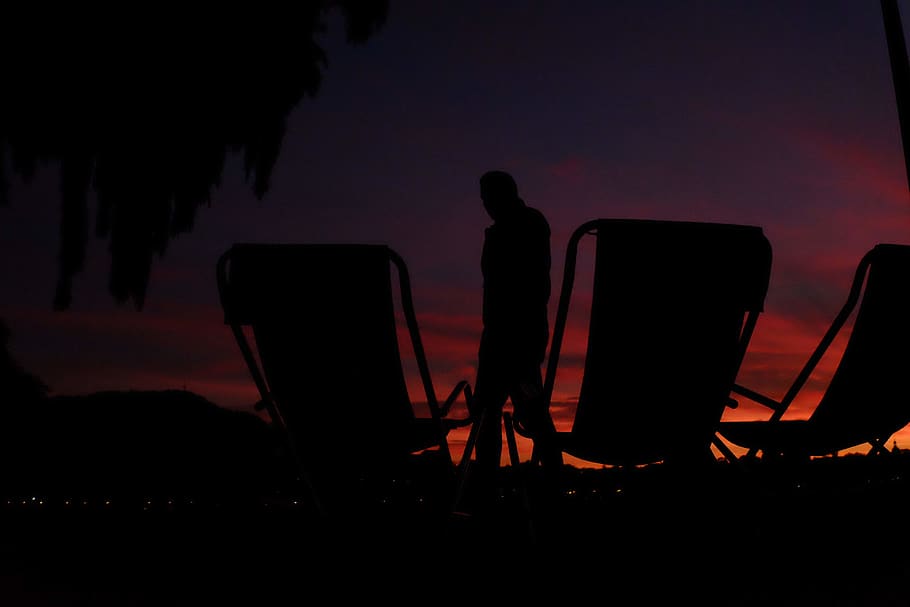 sunset, look, man, dark, chill, chairs, watch, invite, come, HD wallpaper