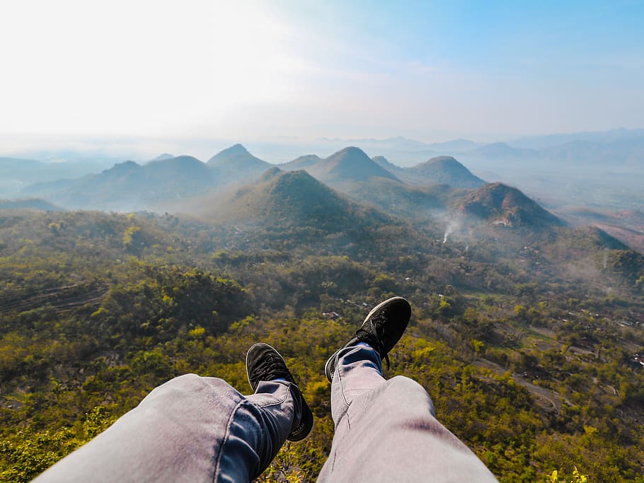 Closeup Photo of Person's Foot Near Mountain, adult, adventure, HD wallpaper