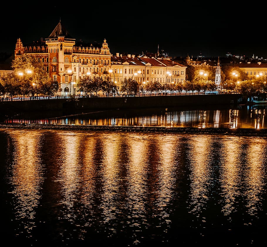 prague, moldova, lights, river, mood, at night, reflections HD wallpaper