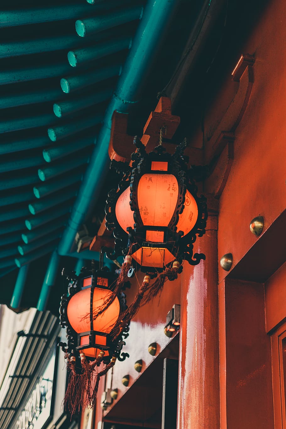two black framed lanterns, lighting equipment, low angle view HD wallpaper