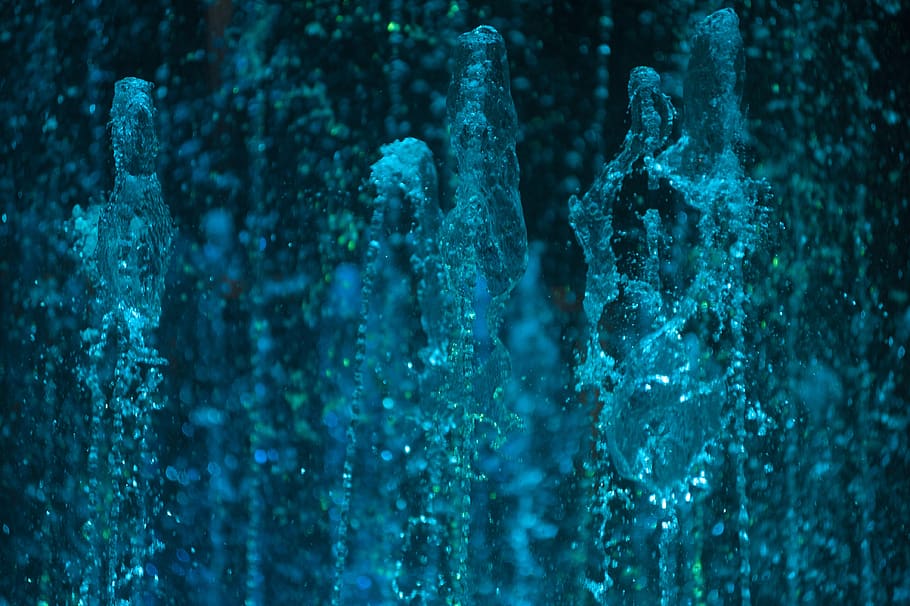 fountain, splash, water, splashing, blue, green, drops, aqua HD wallpaper