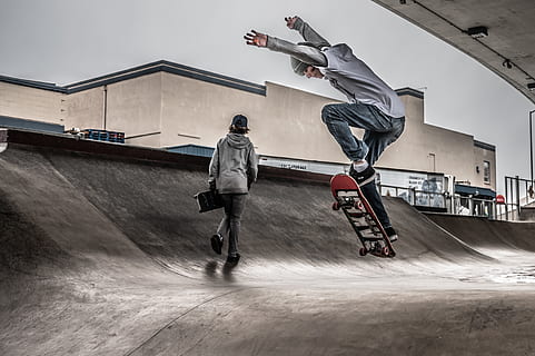 Two Men On Skate Park, action, balance, jumping, motion, people HD wallpaper