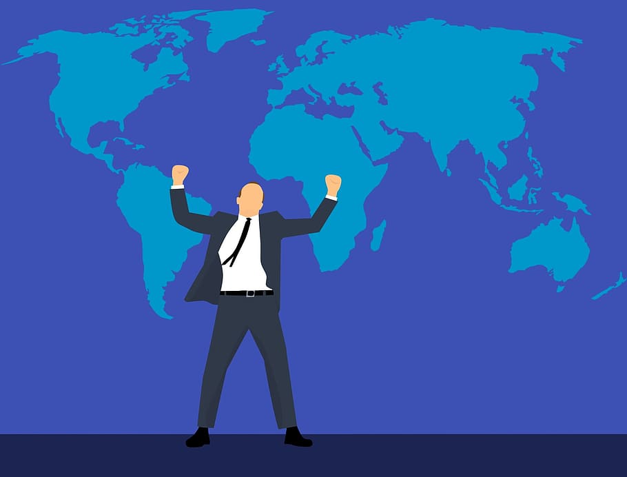 Illustration of businessman leading in powerful stance against map of the world.