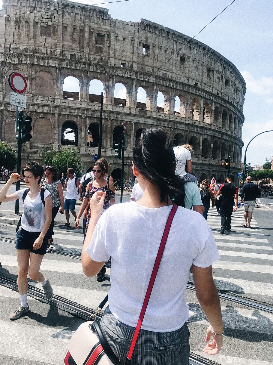 Woman Standing Near Rome Coliseum, architecture, building, city HD wallpaper