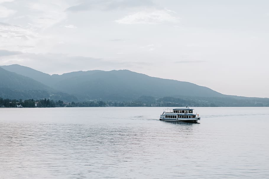 white boat surrounded by mountain, water, sail, lake, travel HD wallpaper