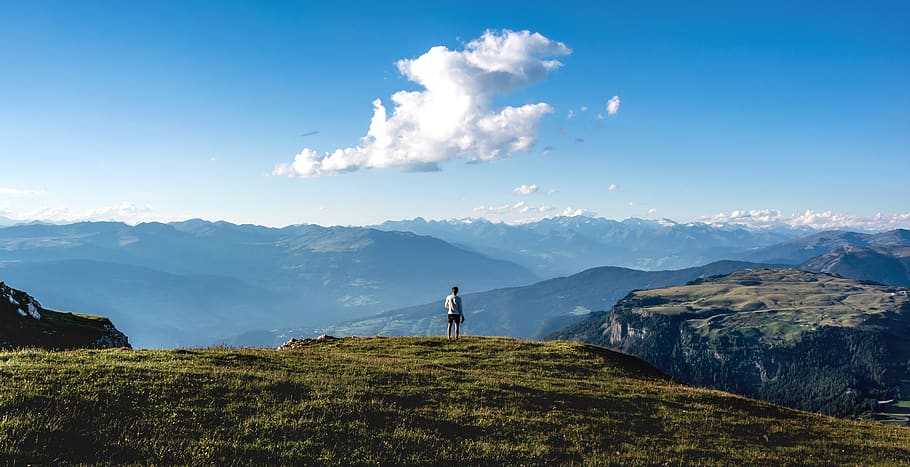 sky, cloud, alp, mountain range, man, view, mountain top, dolomite HD wallpaper