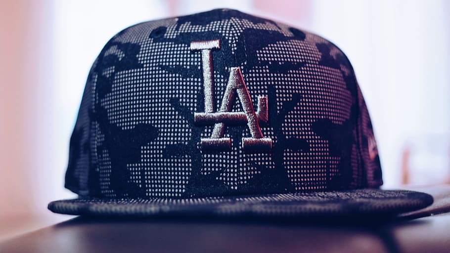 Gray and Black La Embroidered Fitted Cap, close-up, design, equipment HD wallpaper