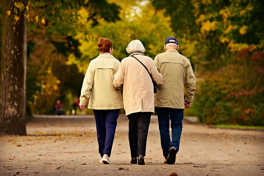 people, three, elderly, walking, together, togetherness, arm in arm