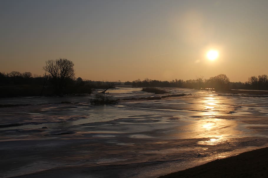 oderbruch, or, river, nature, water, landscape, sky, sunset HD wallpaper