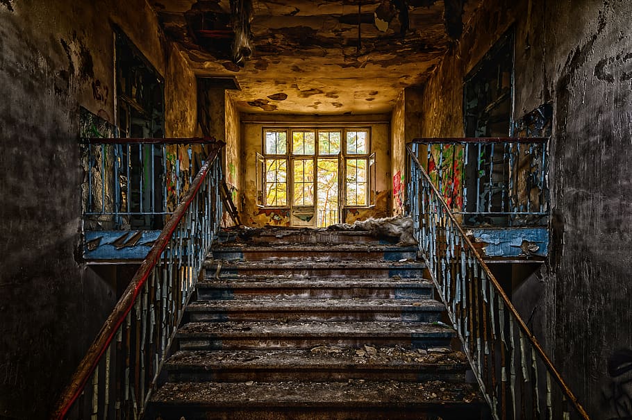 stairs, emergence, gradually, rise, old, abandoned, atmosphere