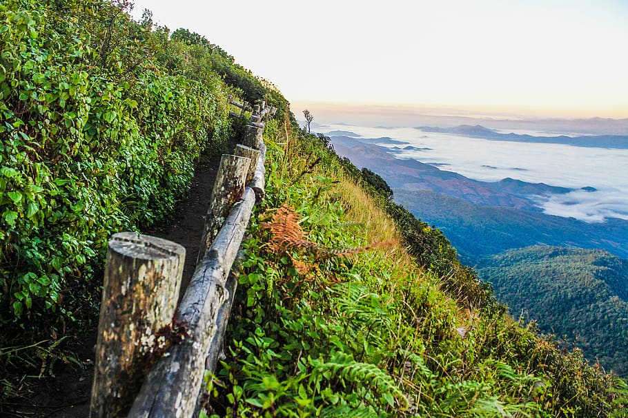 Log Fence on Mountain, clouds, daytime, grass, high, landscape HD wallpaper
