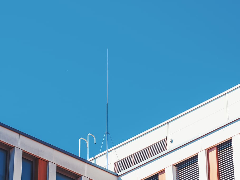 sky, antenna, blue, minimal, architecture, modern, windows, HD wallpaper