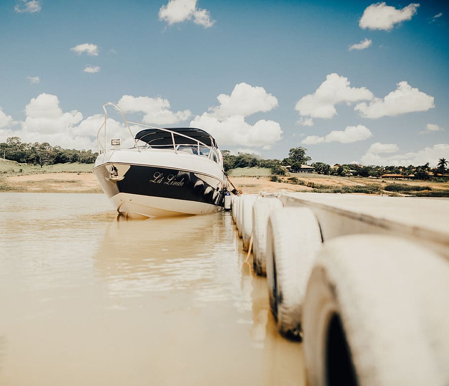 boat beside dock, mode of transportation, land vehicle, cloud - sky HD wallpaper