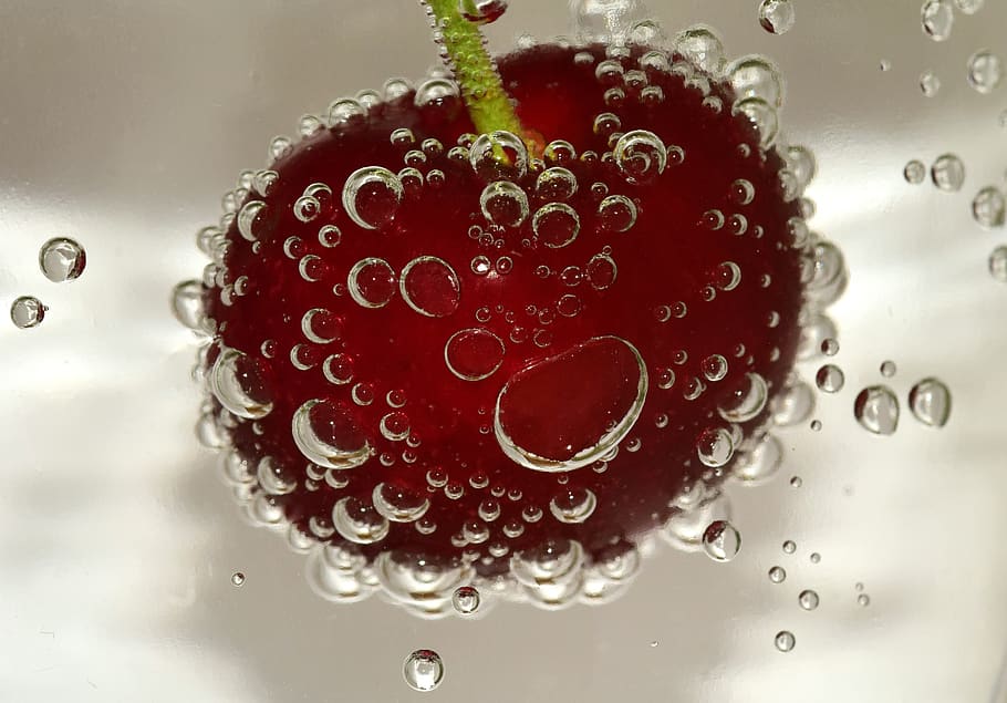 Red Cherry Fruit, air bubbles, clean, close-up, food, liquid HD wallpaper