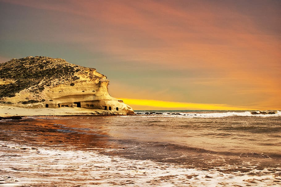 dawn, sea, sky, clouds, reflection, beach, landscape, water HD wallpaper