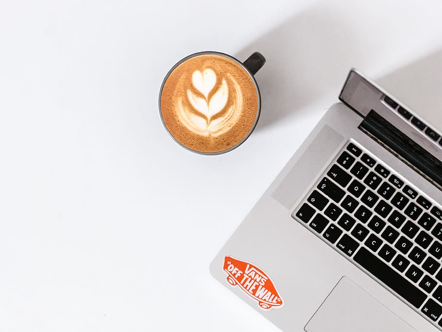 coffee latte beside MacBook, laptop, computer, drink, coffee - drink HD wallpaper