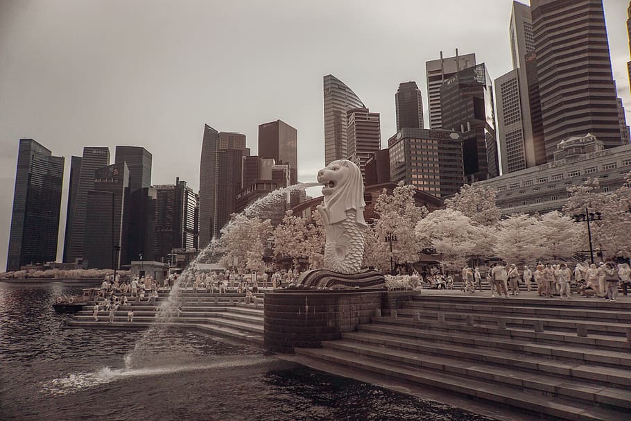 singapore, infrared, business, merlion, water, river, cityscape