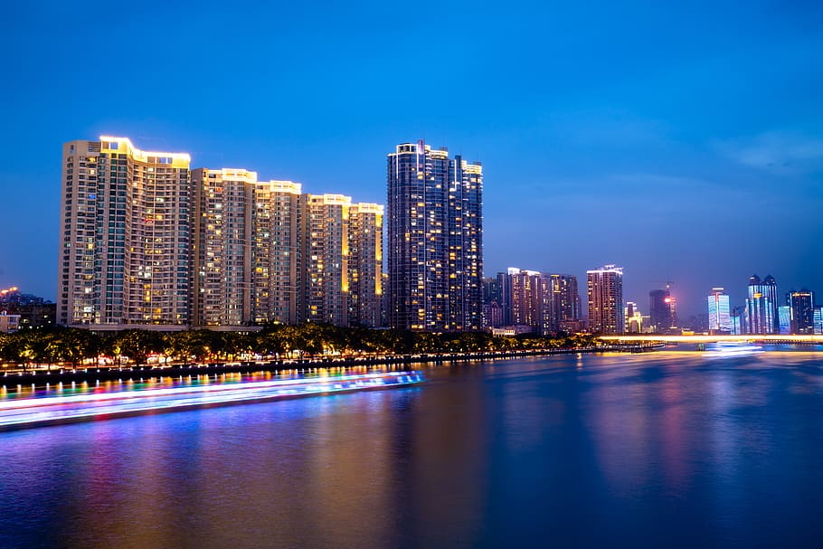 night cityscape, housing, building, downtown, urban, china, guangzhou shi HD wallpaper