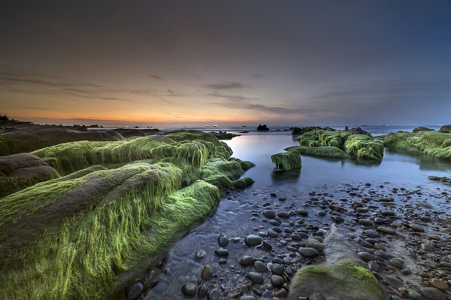 Body of Water, beach, boulders, clouds, cloudscape, dawn, dusk HD wallpaper