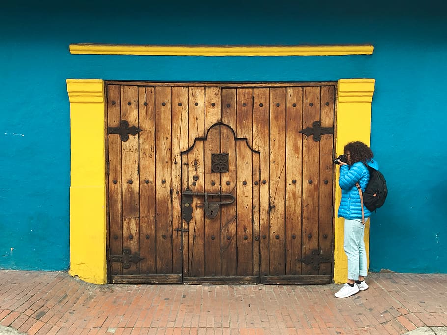 Person Taking Photo of Brown Wooden Door, architecture, backpack HD wallpaper