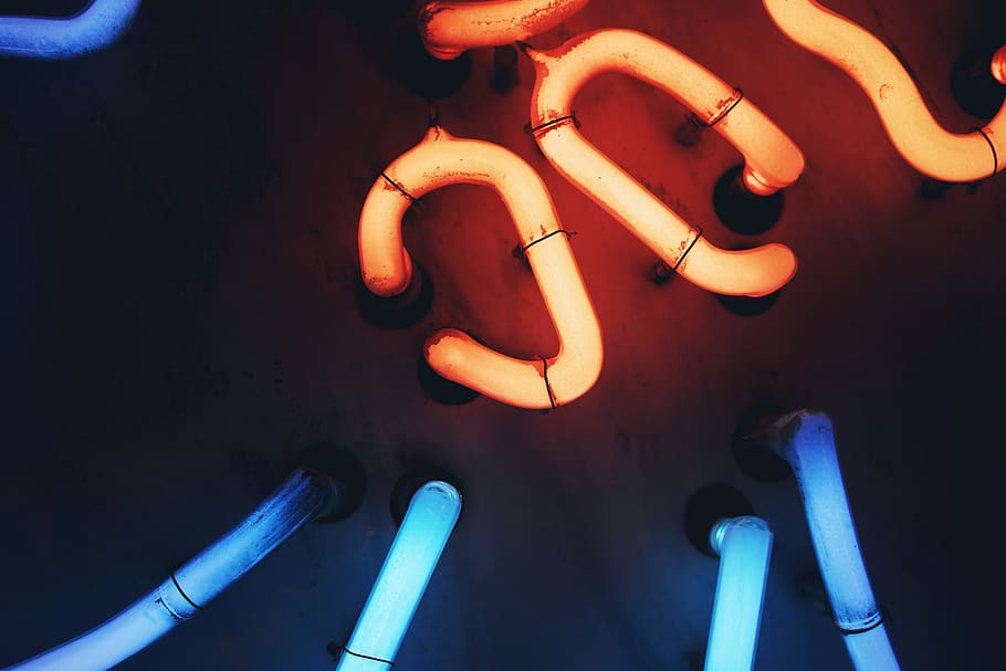 turned-on orange and blue CPU cooling system, illuminated, indoors HD wallpaper