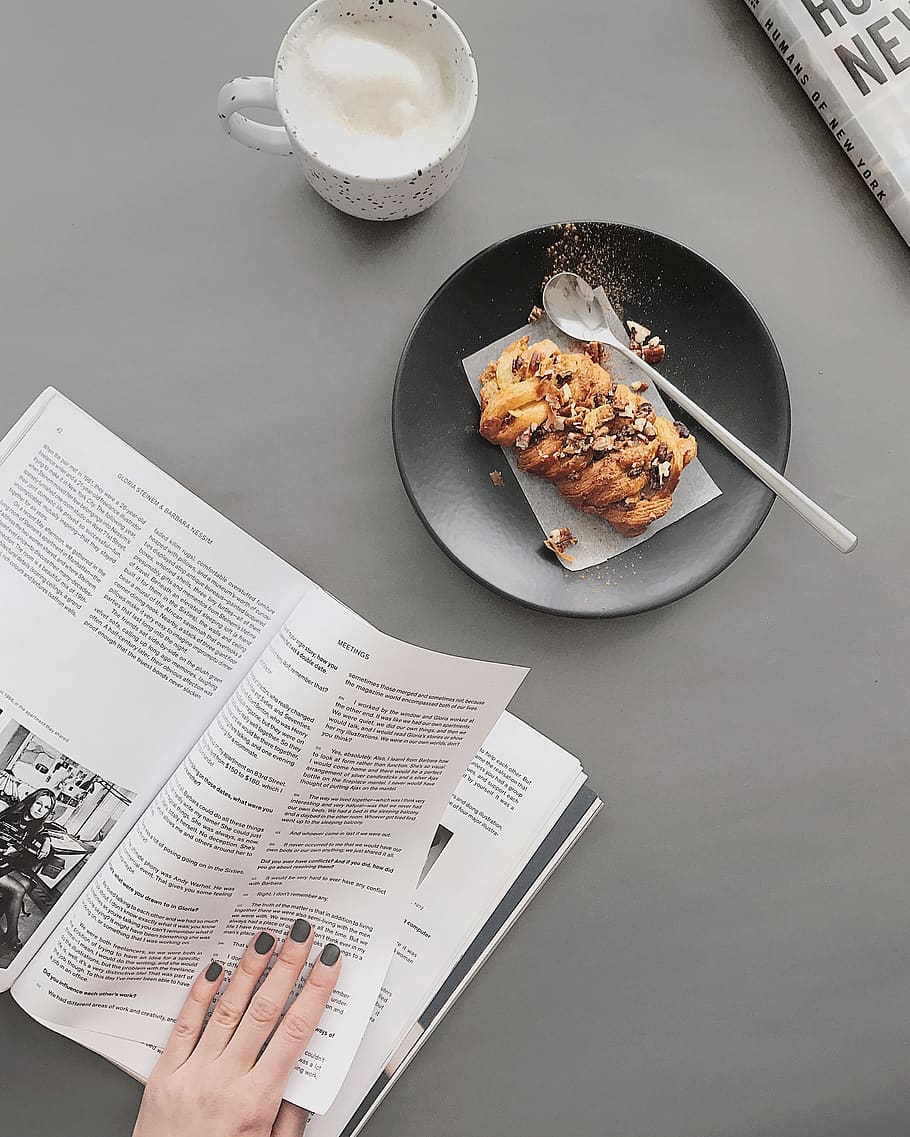 Bread on Round Black Plate Near White Ceramic Cup, coffee, coffee cup HD wallpaper