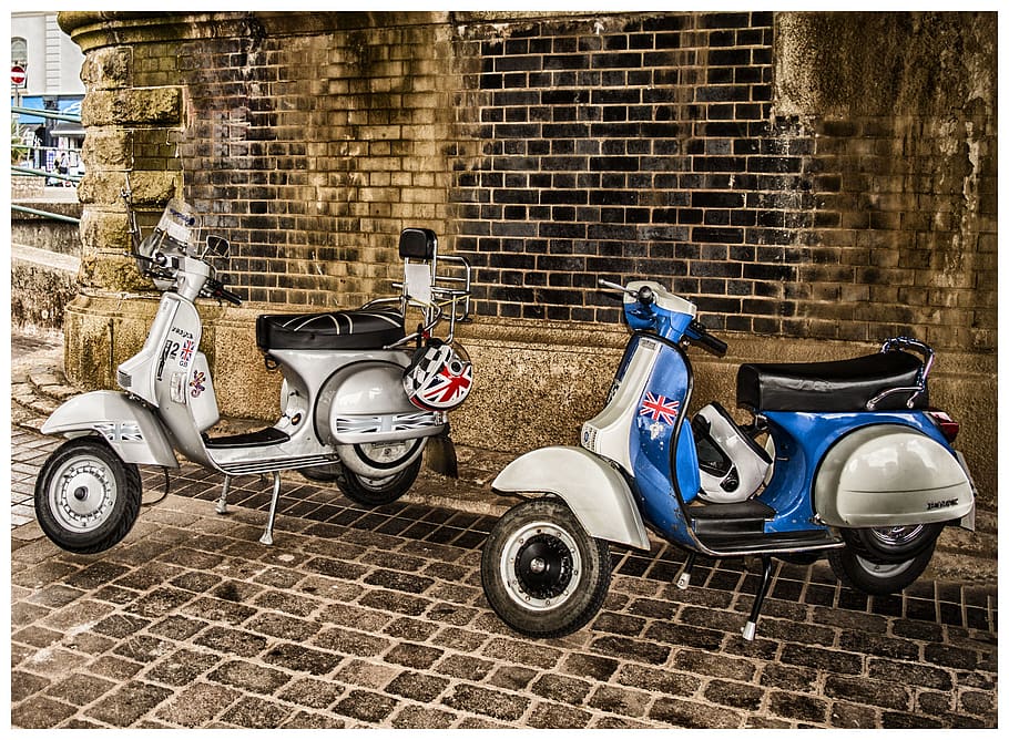 White and Blue Scooter Motorcycles, bricks, brickwork, british, HD wallpaper
