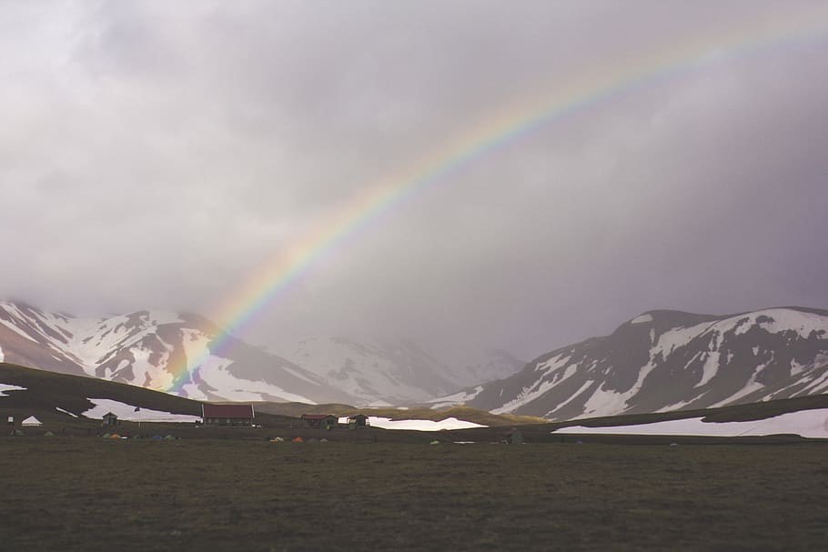 rainbow, sky, clouds, cloudy, fog, mountains, peaks, snow, grass HD wallpaper