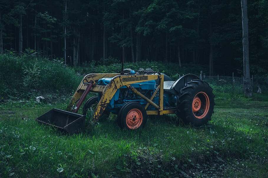 yellow and blue skid loader, wheel, machine, tractor, transportation HD wallpaper
