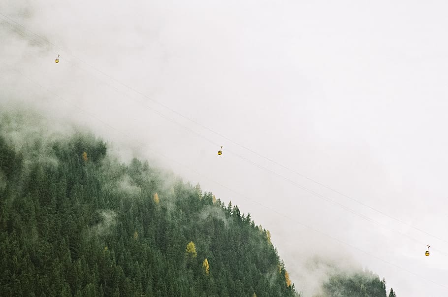 Cable Cars in the Alps, atmosphere, austria, clouds, fog, grain HD wallpaper