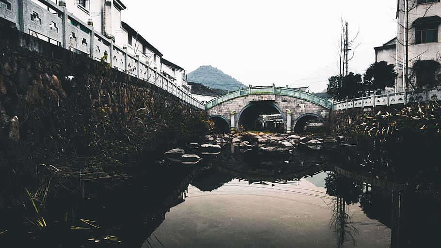 bridge, china, river, stream, town, water, rocks, architecture HD wallpaper
