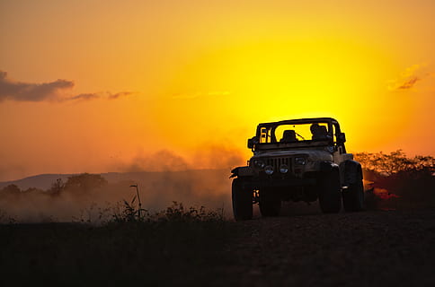jeep, drifting, dust, sunset, dusk, motor sport, off road, summer HD wallpaper