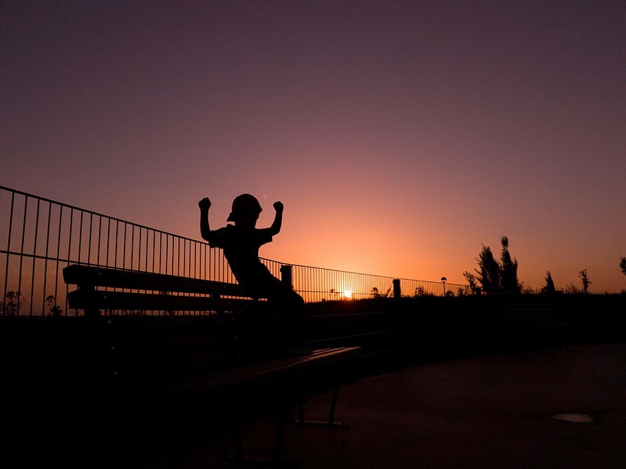 Silhouette of Person Beside Fence, action, backlit, bench, child HD wallpaper