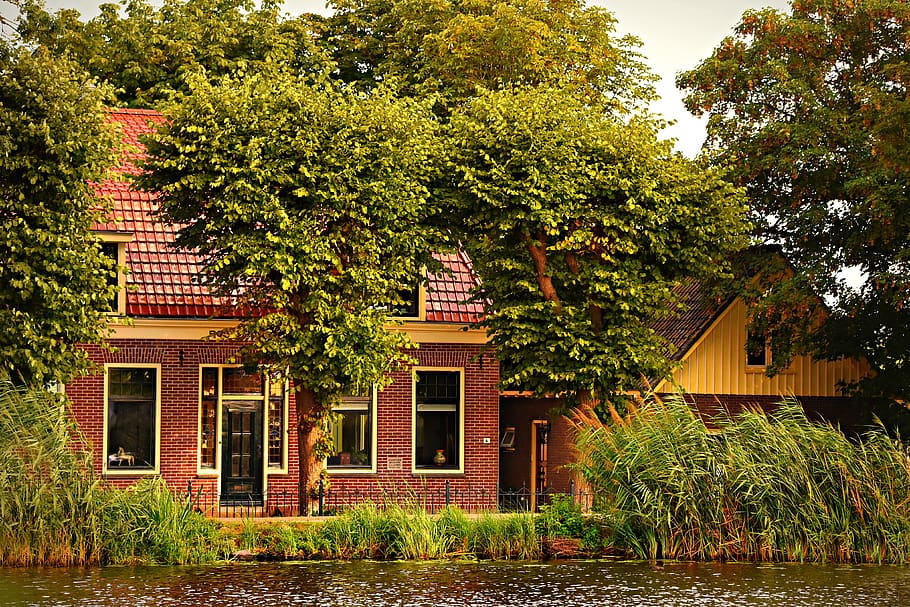 farmhouse, estate, property, homestead, window, water, river, HD wallpaper