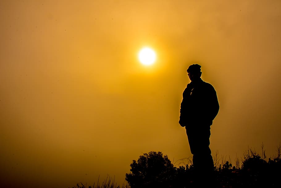 sun, figure, sky, silhouette, nature, landscape, human, dusk HD wallpaper
