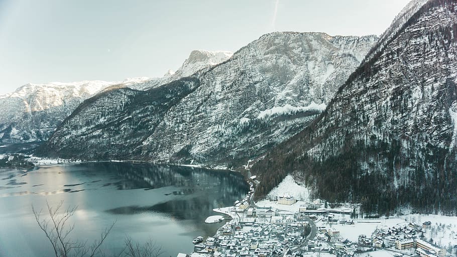 austria, hallstatt, white, mountain, snow, water, sky, lake HD wallpaper