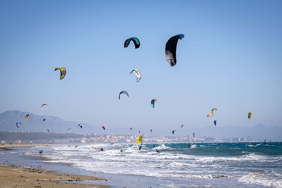 kiters, sport, sea, water, kitesurfer, jump, summer, kiteboarding, HD wallpaper