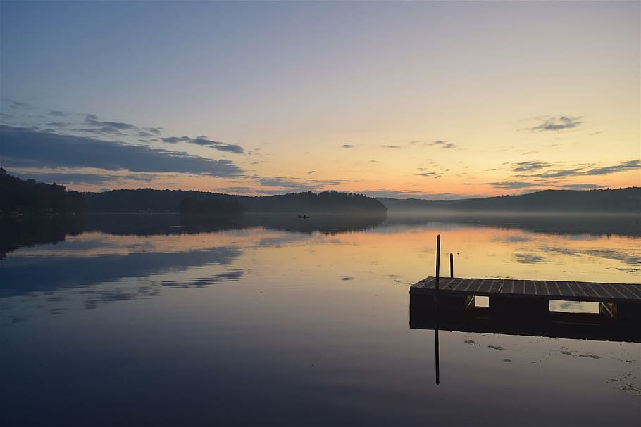 sunset, lake, clouds, sky, water, reflection, pier, landscape, HD wallpaper