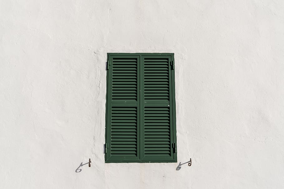 spain, minorca, window, shutter, green shutter, built structure HD wallpaper